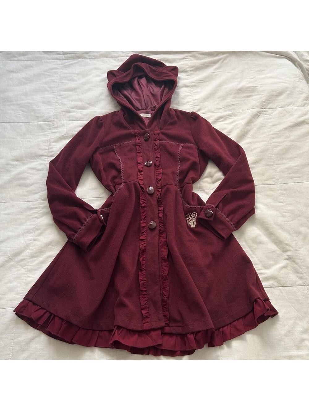 Axes Femme POETIQUE Burgundy Red Cat Ear Hooded Ruffle Coat Size M Japan